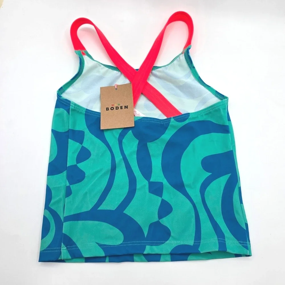 Mini Boden Girls Teal Blue Floral Tankini Swim Top‎ Neon Pink Straps NWT  6-7Y